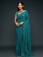 Teal Blue Pure Georgette Saree